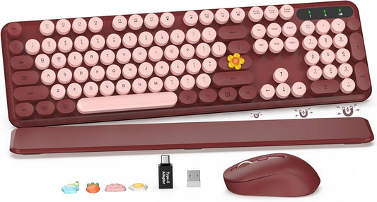 Wireless Keyboard and Mouse Combo - Retro Keyboard with Round Keycaps, Full-Size Typewriter Keyboard with Detachable Wrist Rest, 2.4GHz Connection for Mac/Windows/PC (Wine Red)