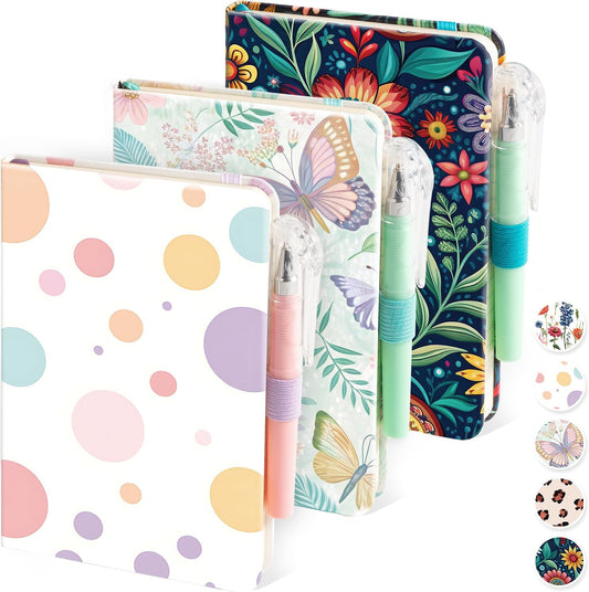 (3 Pack) Aesthetic Small Journal Notebook, A6 (3.7" x 5.7") Mini Pocket Notebook with Pen, 100GSM Lined Paper, Cute Small Journal for Kids/Girls/Women, Colorful Bubbles Butterfly Floral