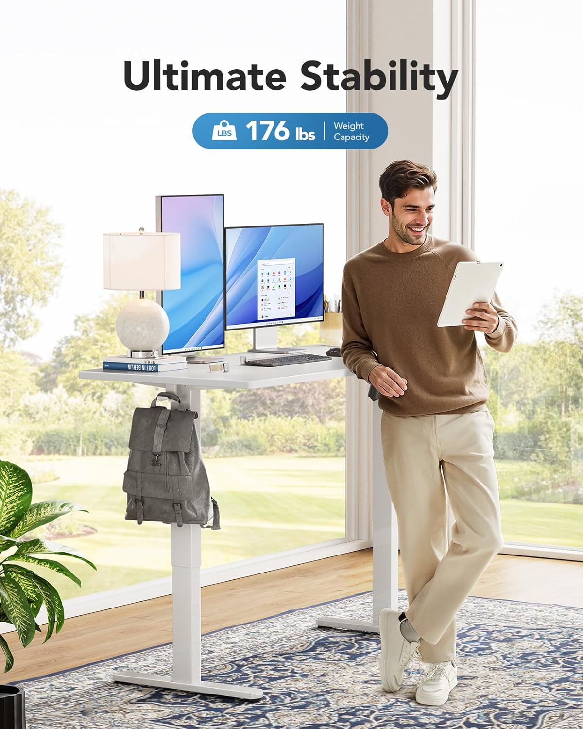 HUANUO Electric Standing Desk, 60" x 24" Whole Piece Desktop, Adjustable Height Computer Desks, 4 Height Memory Settings, Sit Stand Up Desk for Home Office, Light Vintage