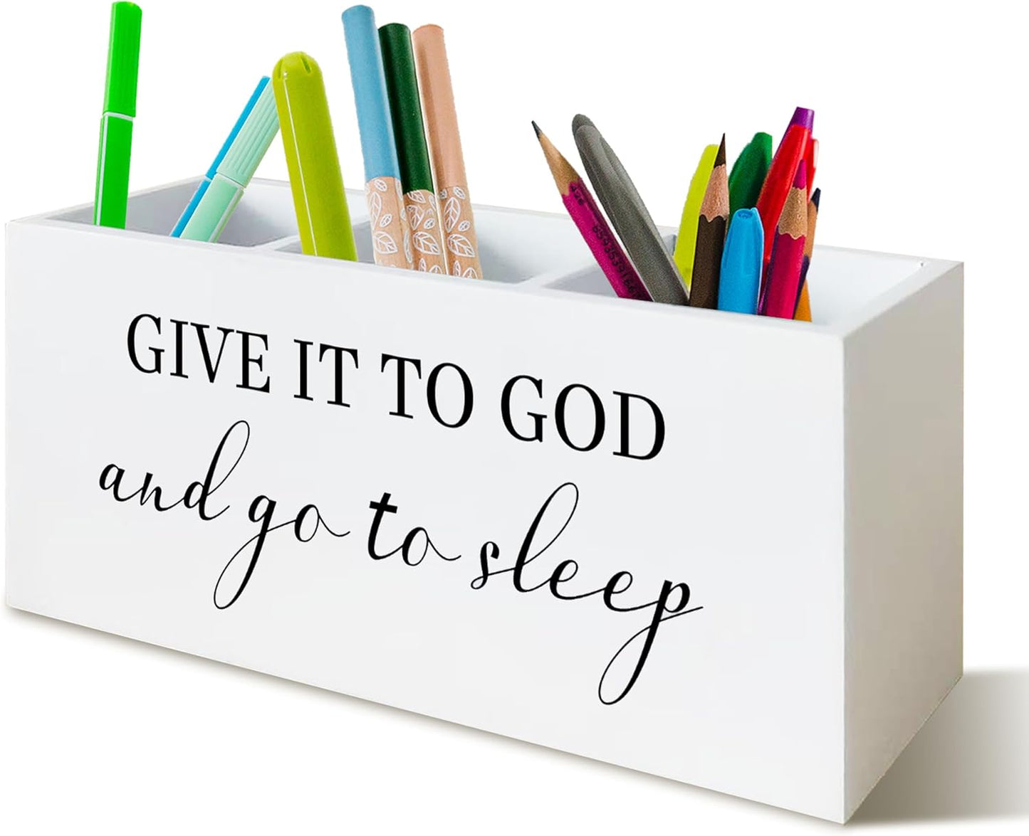 Give it To God and Go To Sleep Christian Sign Pen Holder for Bedroom Decor Desk Shelf, Prayer Sign Christian Gifts for Women Religion Decor Wooden Pencil Organizer