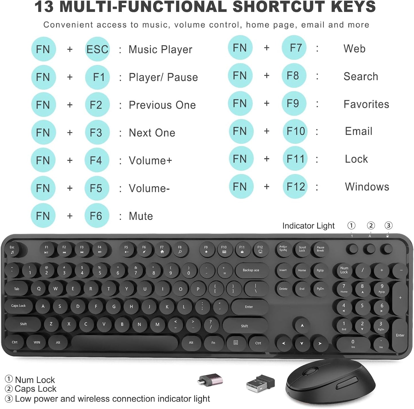 Wireless Keyboard and Mouse Combo, Ergonomic Full Size Typewriter Retro Round Keycaps Keyboard, Compatible with Windows, PC, Perfer for Home and Office Keyboards (Black