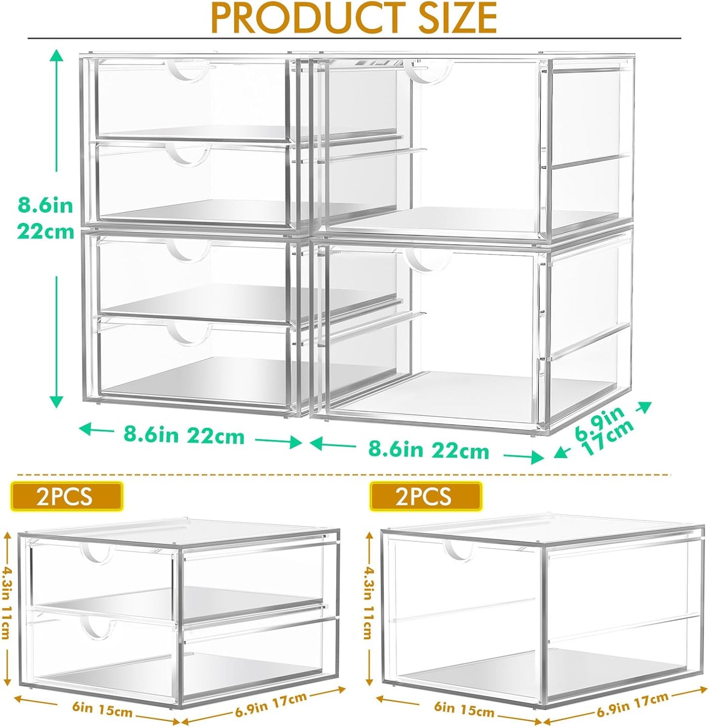 Acrylic Makeup Organizer, 4 Pack Drawer Organizer - Transparent Desktop Storage for Cosmetics, Office Supplies & More - Clear Organizer for Home & Office Use