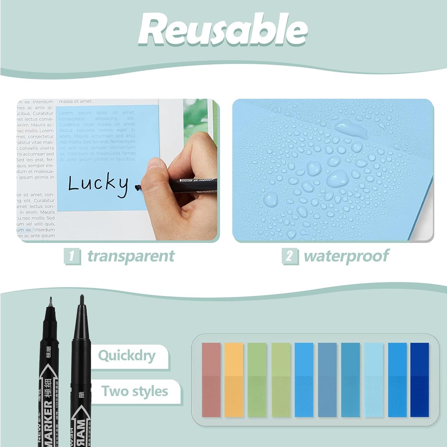 Jutom 38 Pcs Book Annotation Kit Aesthetic Highlighters Gel Pens Set Sticky Notes Tabs Markers Dual Ended Highlighter Quick Dry Ink Pens for Office Annotating Books(Blue Series,Square)