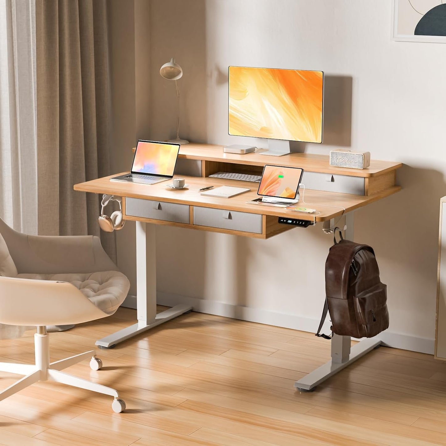 48 * 30 Inches Electric Standing Widened Desk Adjustable Height with 4 Drawers, Double Storage Shelves, Home Office Workstation Sit Stand up Desk (Nature)