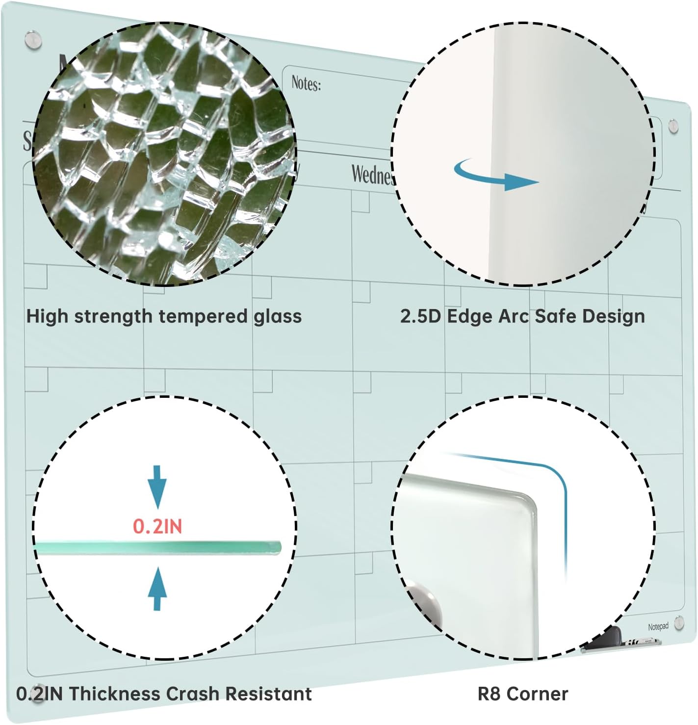 Magnetic Glass Dry Erase Board Calendar- White Board 48 x 36 Inch Wall Mounted Glass Monthly Whiteboard, Large Frameless Glass White Board for Wall Office, Home & School
