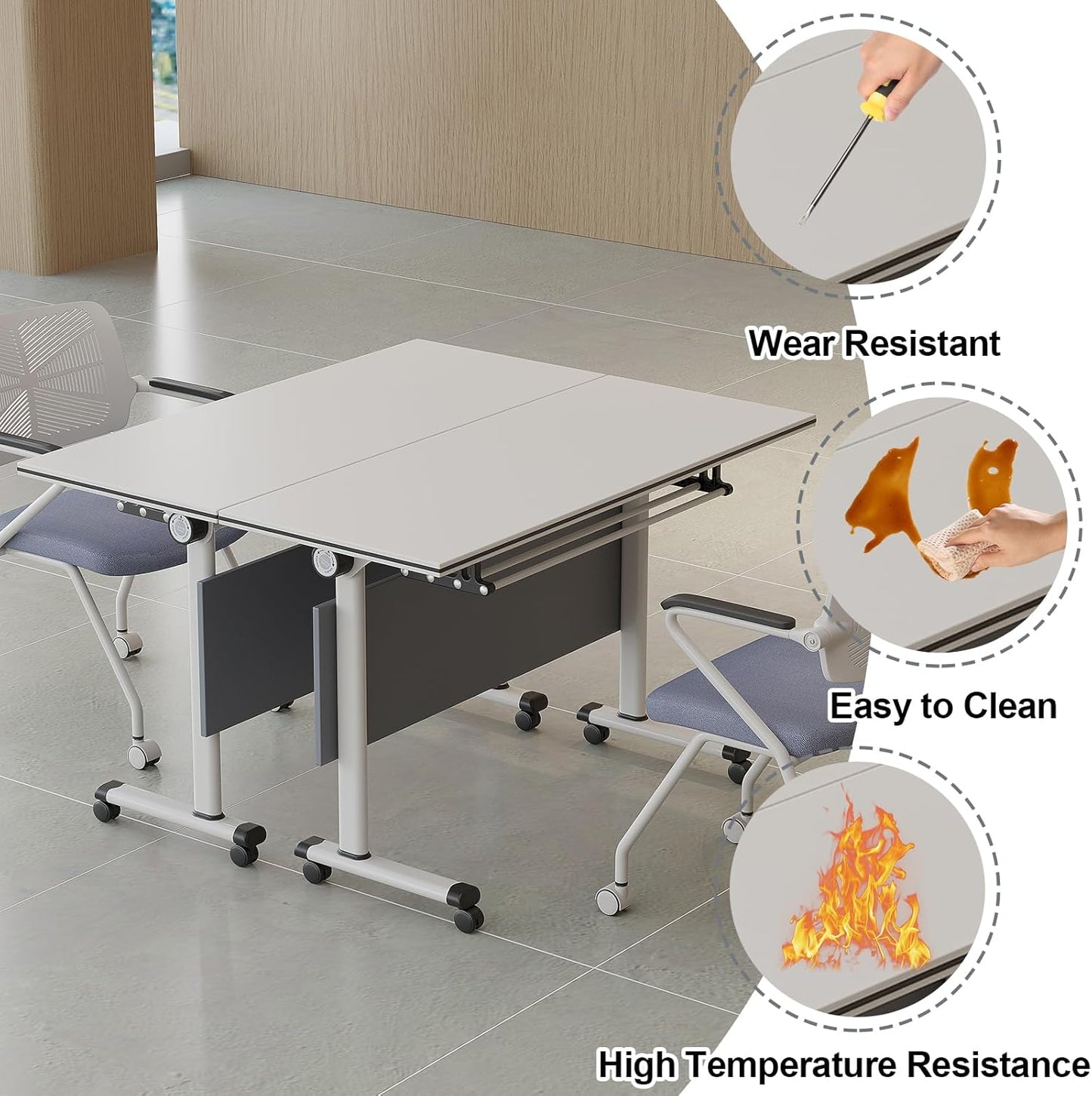 Folding Conference Table, Modern Large Conference Room Tables with Flip-Top Design, Foldable Conference Table Meeting Table with Wheels, Mobile Seminar Training Tables for Office Classroom (4, Gray)