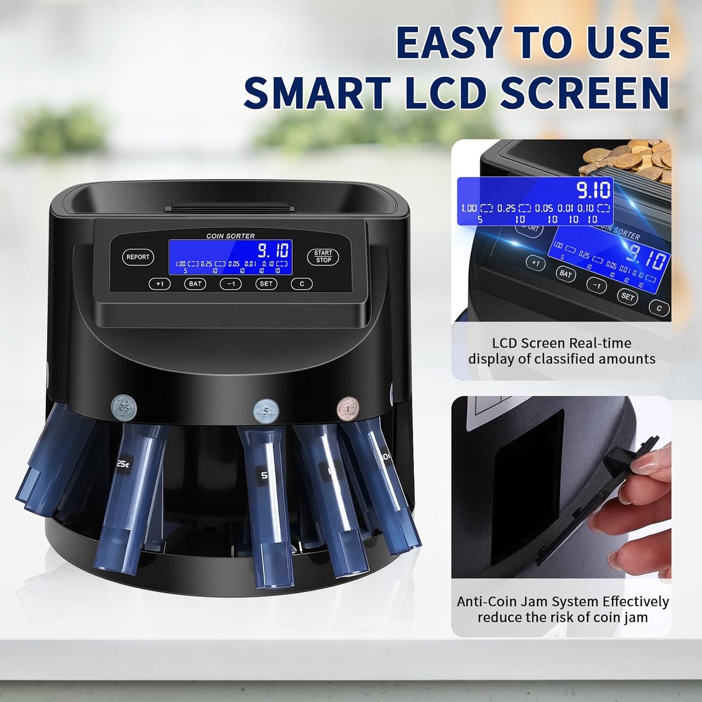 Coin Counter and USD Coin Sorter with LCD Display, Automatic Change Counter for 1￠ 5￠ 10￠ 25￠ $1, 270 Coins/min, 300-Coin Capacity, Coin Sorter and Wrapper Machine for Fast & Accurate Sorting