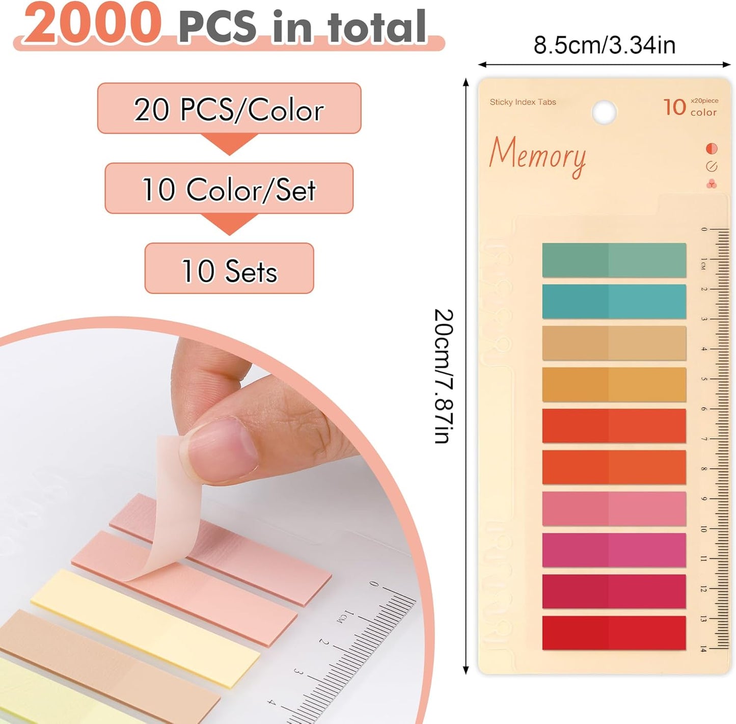 Book Tabs for Annotating, 2000Pcs Sticky Tabs with Ruler, Transparent Sticky Notes for Binders, Page Markers for Notebooks, Multi-Colored Writable and Repositionable Book Flags Strip Index Tabs