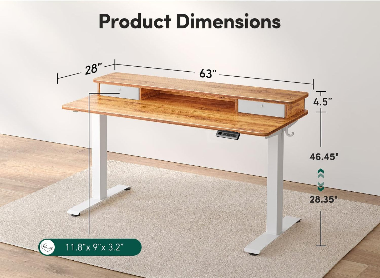 FEZIBO 63 x 28 Inch Deeper Height Adjustable Electric Standing Desk with Double Drawers, Sit Stand Up, Home Office Computer Desk with 4 Height-Adjustable Feets & 2 Hooks, White Frame/Light Rustic Top