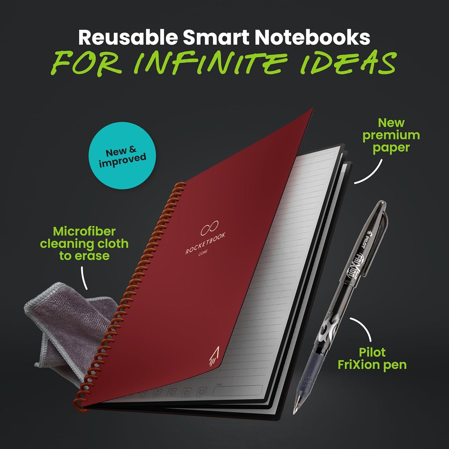 Rocketbook New Core Reusable Spiral Notebook, Letter Size 8.5x11, Maroon - Lined Pages, App-Connected, Erasable, Durable Cover, Ideal for School, Work, and Creative Projects