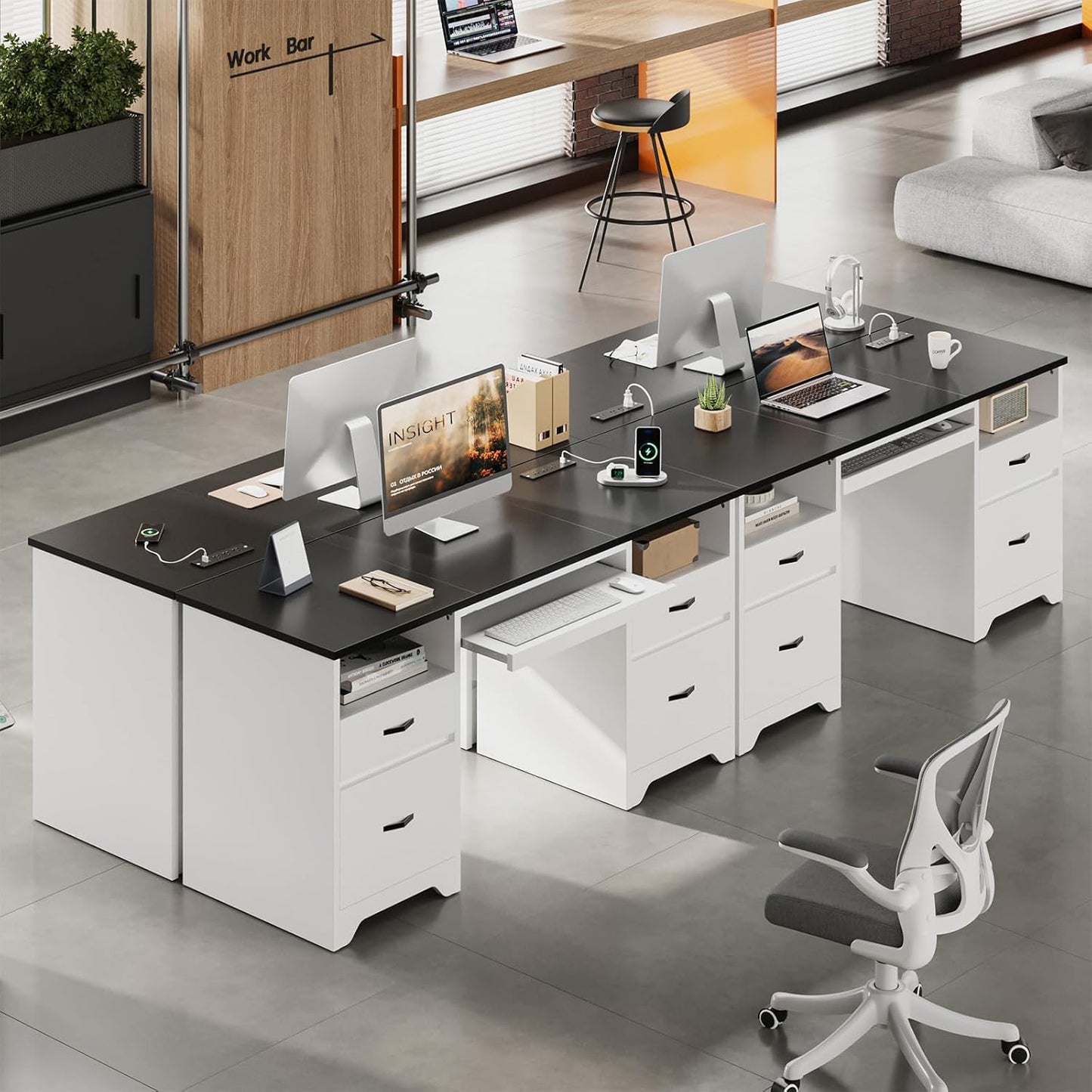 Bestier 59” Computer Desk with 4 Drawers, Office Desk with Storage, Modern Executive Desk with Charging Station, Keyboard Tray & Wooden Pedestals on Both Sides for Home Office & Studio, White