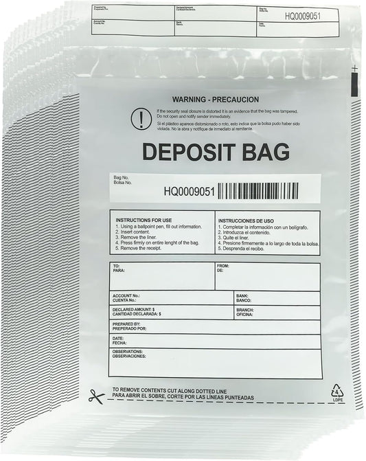 Plastic Deposit Bags 200-Pack Clear 9.5''x 15'', Security Bank Deposits Bags,Cash register bags,Money bag for Cash,Bank Pocket,Tamper-Evident Bag,Unique Barcode