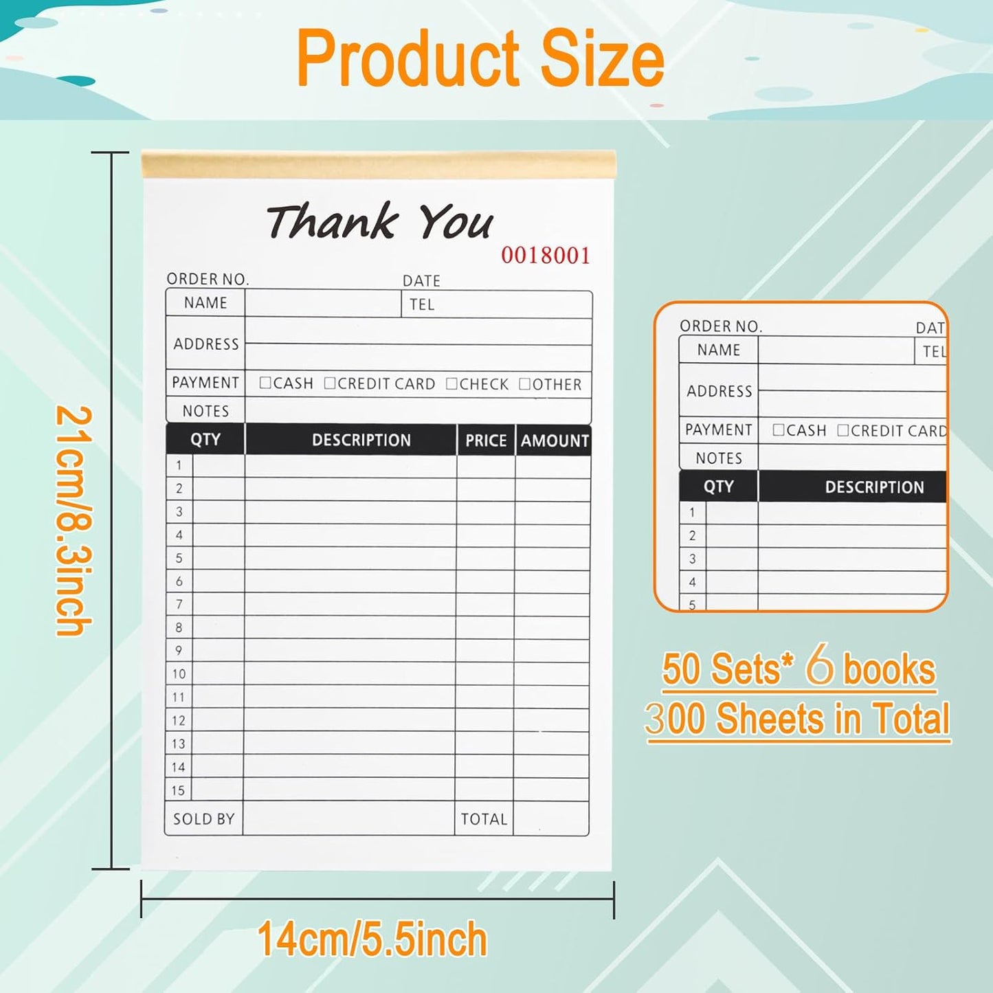 Receipt Book with Cardboard 2-Part Carbonless, Order Forms for Small Business