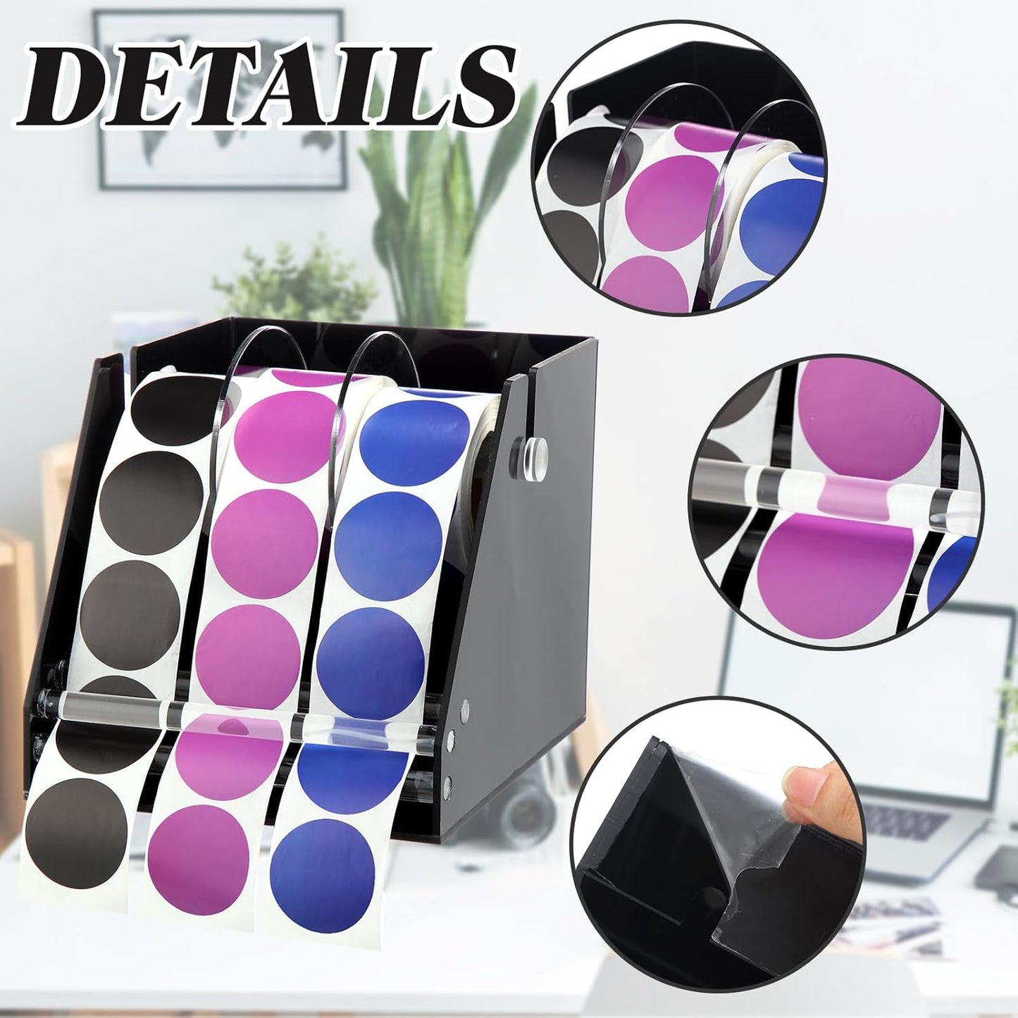 Adjustable Label Dispenser Acrylic Sticker Roll Dispenser Label Roll Holder Multi Use Sticker Holder Organizer Stand for School Gifts and Home Office Desktop (3 Disks)