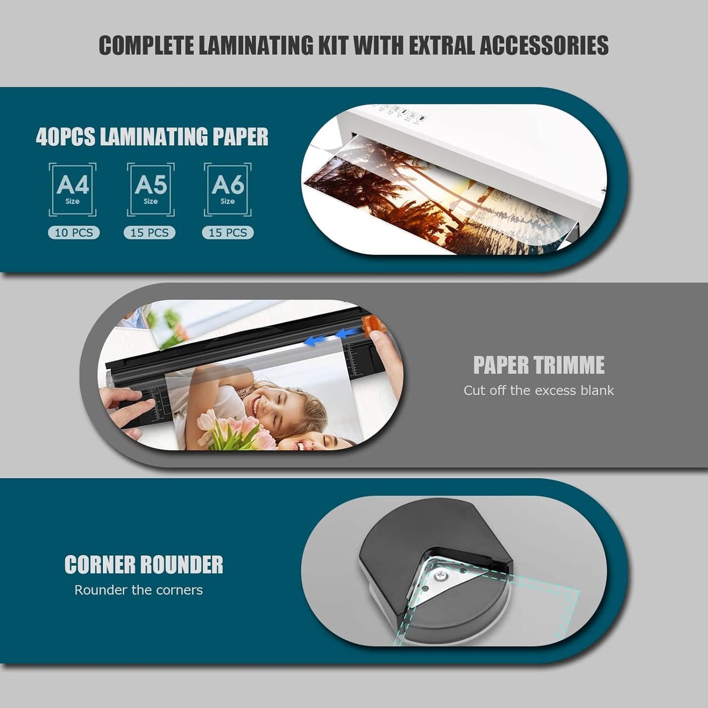 Laminator Machine with 40 Laminating Sheets, A4 Laminator Thermal and Cold with Paper Trimmer & Corner Rounder, 9-Inch Laminating Machine for Home School Office