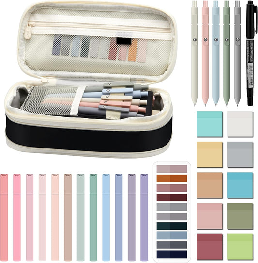 Jutom 39 Pcs Aesthetic Book Annotation Kit Highlighter with Pencil Case Bag Gel Pen Transparent Sticky Note Taking Bible Study College School Supplies(Black,Cute Style)