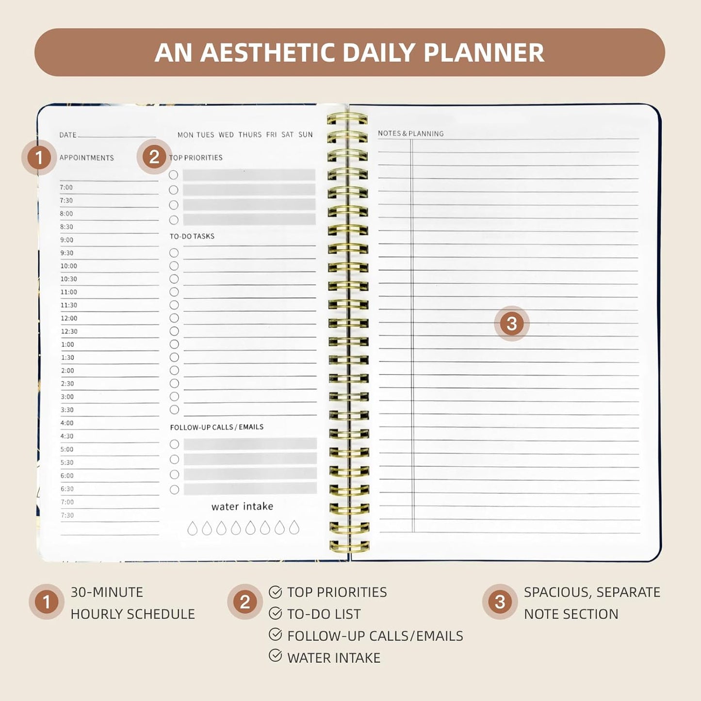 Undated Daily Planner - Spiral Notebook 80 Days One Day Per Page, Hourly Schedule, To-Do List, Notes, Everyday Planning Task, A5 Hardcover Journal Organizer Book Women Cute Aesthetic, Flower