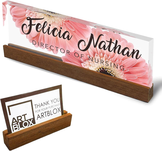 Artblox Personalized Office Desk Name Plate and Business Card Holder | Clear Acrylic Glass with Teak Wood Stand | Pink Daises Design Customized with Your Name and Credentials Office Desk Decor