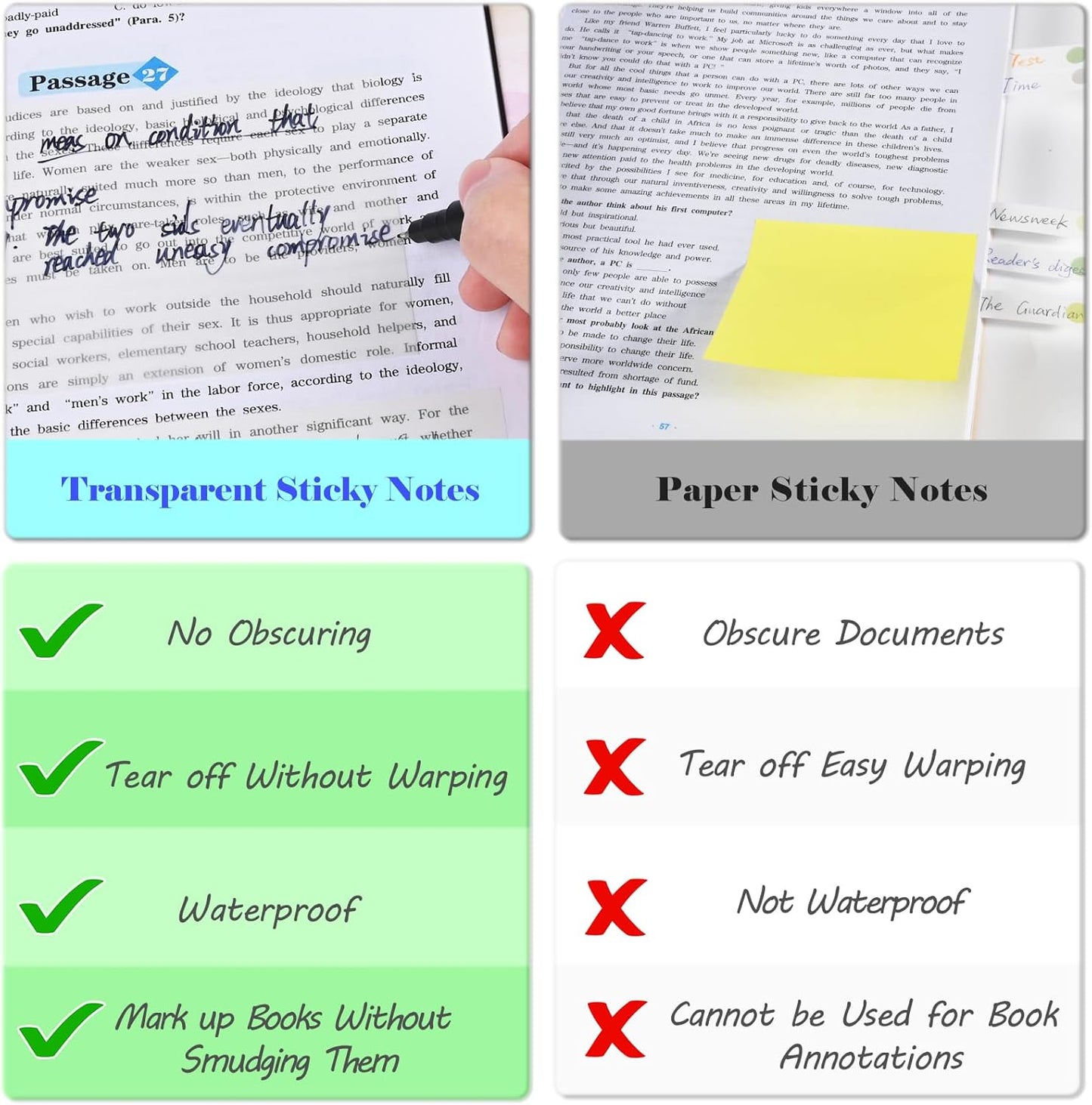 BAYTORY 900 Sheets Transparent Sticky Notes, Clear Waterproof 3 x 3 inch See Through Memo Pad, Self-Adhesive Translucent Writable Index Tabs for Annotating Books, Stationary Supplies