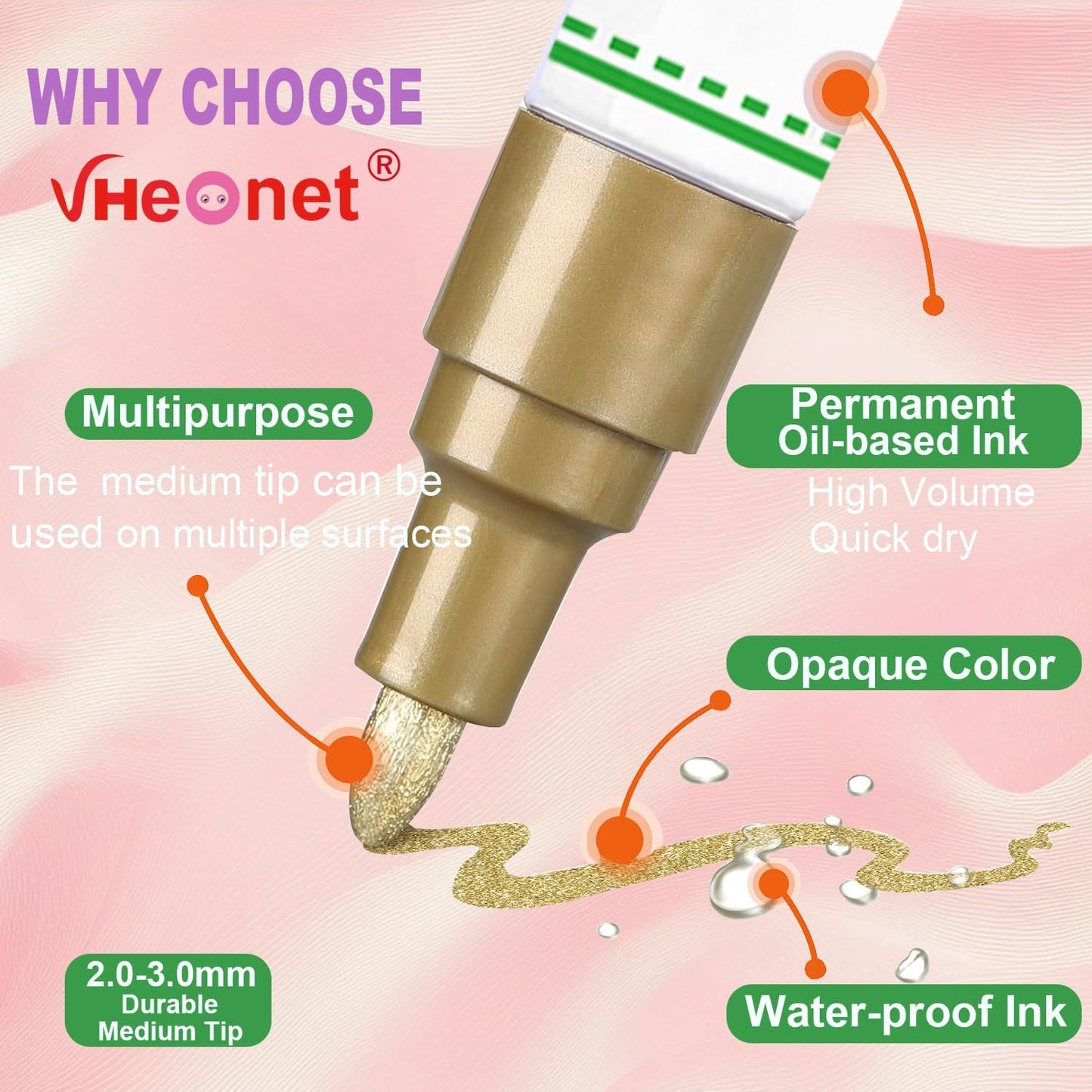 Pink Paint Pens marking pens Permanent Markers - 6 Pack Oil Based Waterproof Markers for Tire, Rubber,Wood, Rocks, Metal, Canvas,Plastic, Dark Surface,Craft office Supplies,Medium Point