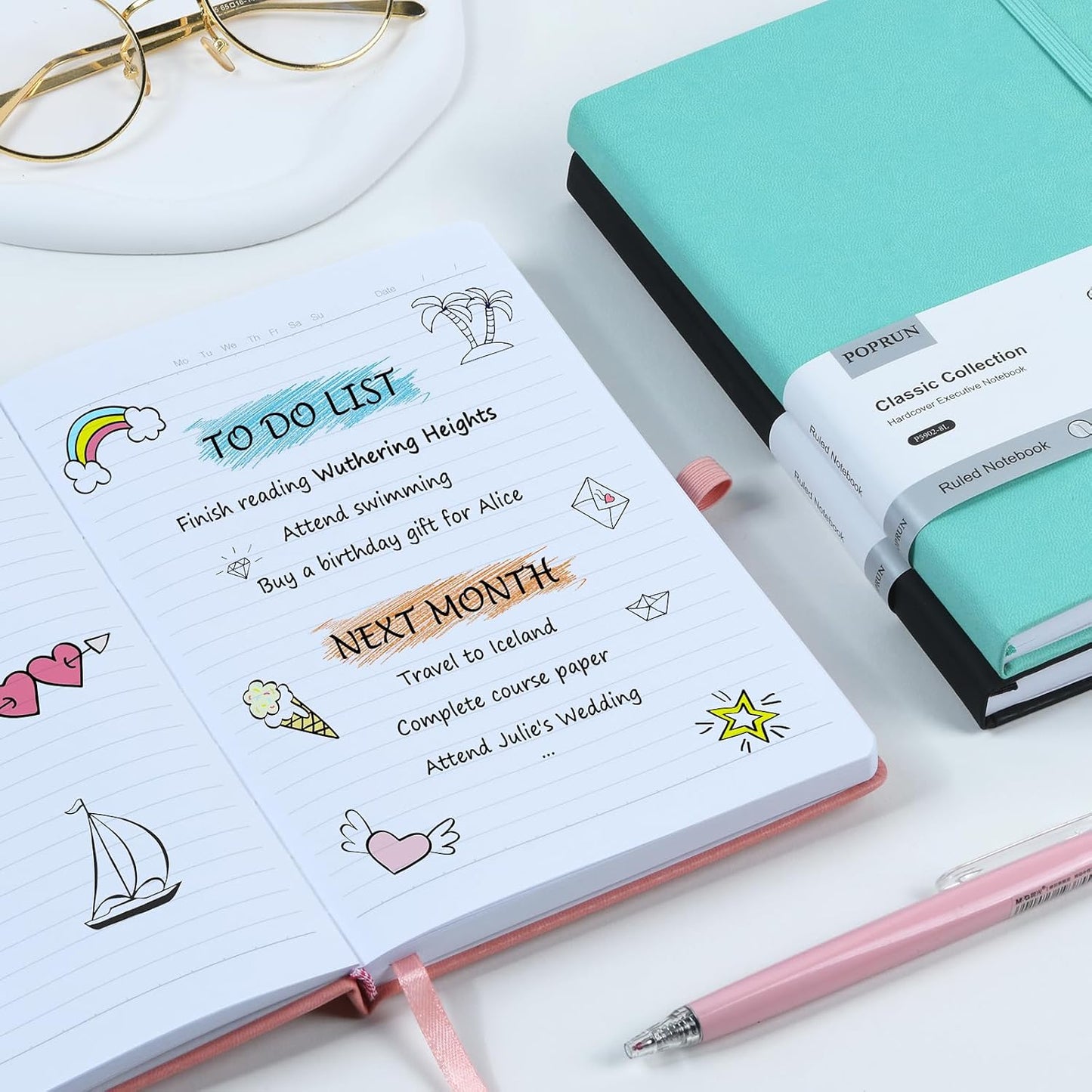 POPRUN A5 Lined Journal Notebooks, 8 Pack PU Leather Hardcover Notebook for Writing, Business Work,Travel,School,College, 5.5 x 8.3 inch, 240 Pages Classic College Ruled Journals Notepad, Multicolored