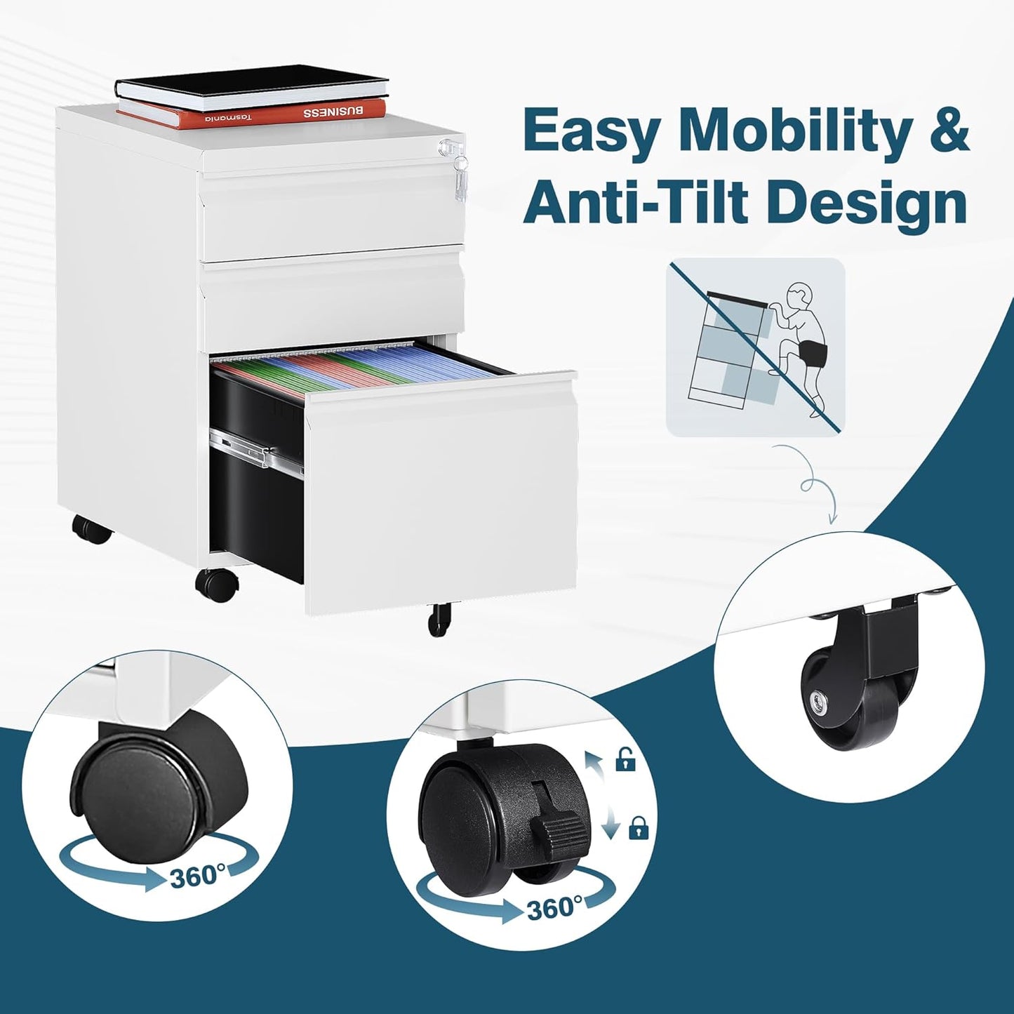 MIIIKO 3 Drawer File Cabinet on Wheels, Home Office Mobile File Drawers Under Desk, Full Assembled White Filing Cabinets with Lock for Legal/Letter/A4 File Folders