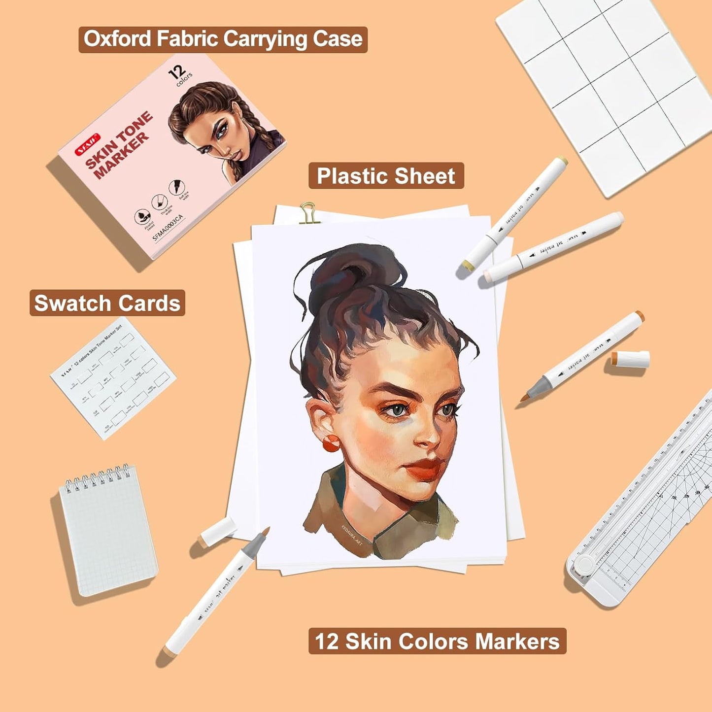 SFAIH Skin Tone Alcohol Markers Brush Tip - 12 Dark Skin Colors Double Tipped Art Markers for Artist Adult Coloring Illustration, Gifts for Artist Adult, Dual Tip Brush & Chisel - Refillable Ink