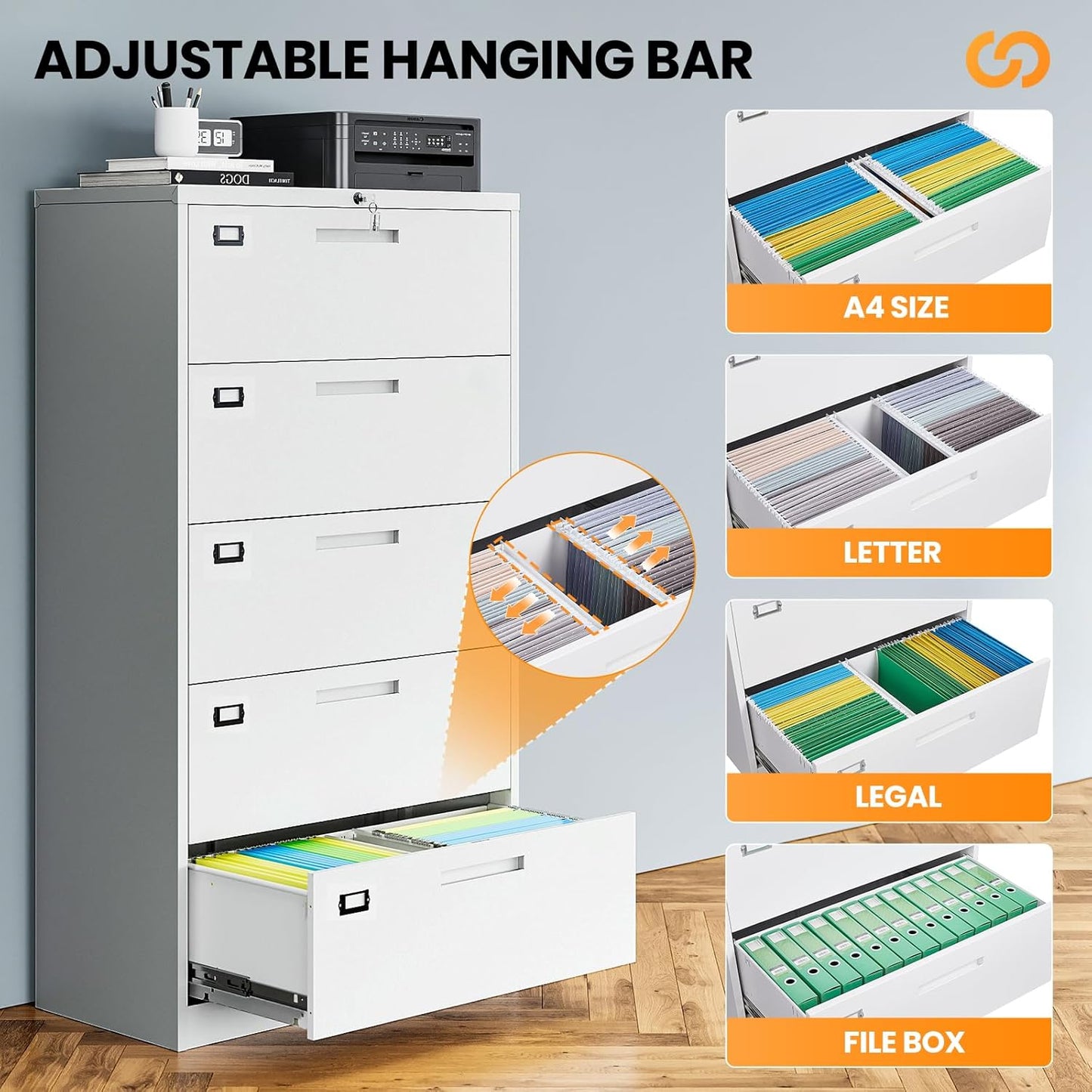 5 Drawer File Cabinets for Home Office, Metal Filing Cabinet with Lock, White Locking File Caninet Five Drawer, Office Storage Caninets Steel Cabnet for Letter/Legal/A4/F4-Assembly Required