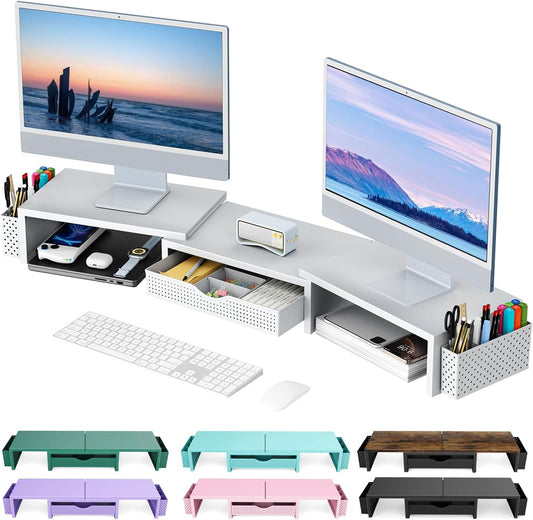 gianotter Dual Monitor Stand Riser, Desk Organizer With Drawer and 2 Pen Holders, Monitor Stand for Desk, Office Decor Essentials (White)