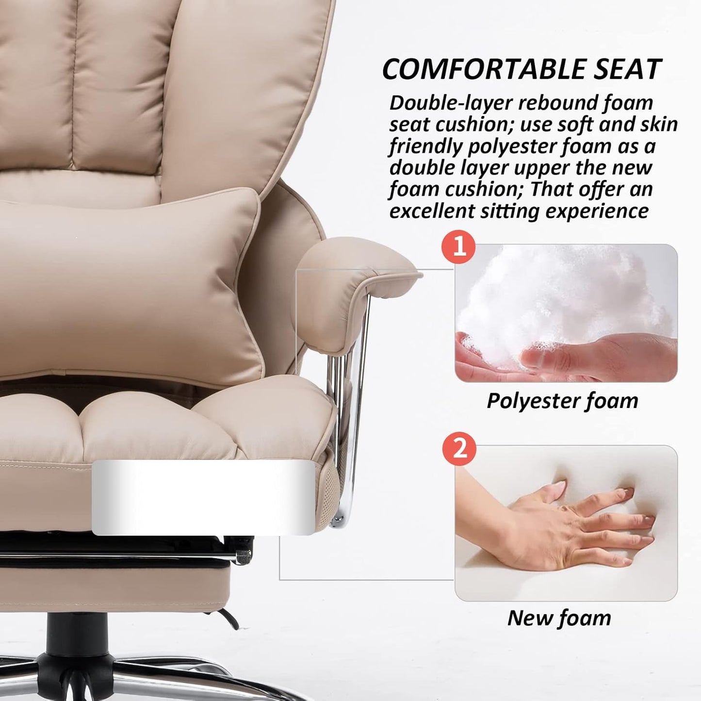 Efomao Big and Tall Office Chair 400lbs – PU Leather Executive Office Chair with Lumbar Support & Leg Rest, Heavy-Duty Computer Chair for Home Office, Dark Beige