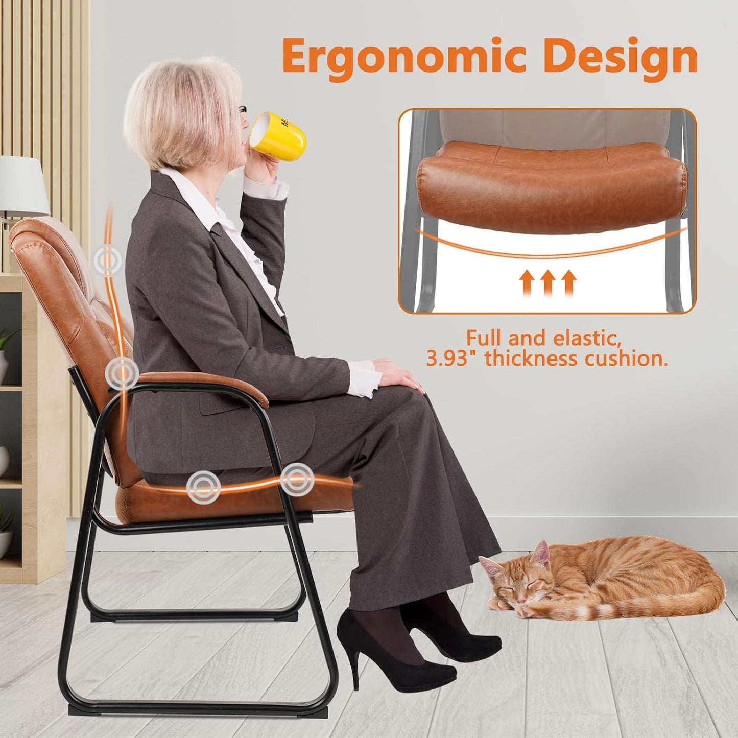 CLATINA Big & Tall 500 lb. Guest Chair, PU Leather Office Reception Chairs with Sled Base, Desk Chair No Wheels for Waiting Room Conference Lobby Computer Living Room, Brown, 8 Pack