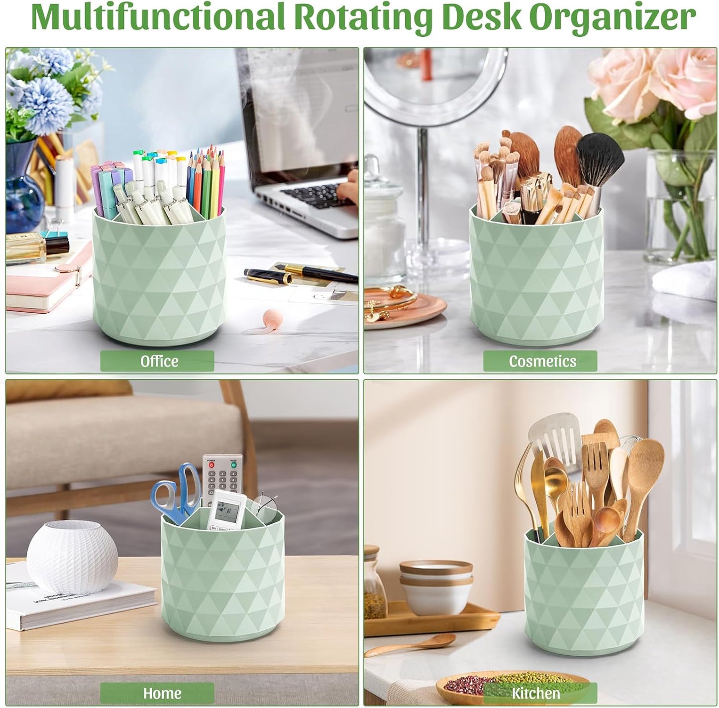 Desk Organizer,Sparkling Diamond-like Pen Holder for Desk 360°Rotating Office Accessories,Pencil Cup with 5 Compartments Storage Box Caddy for Office,School,Home,Art Supply(Green)