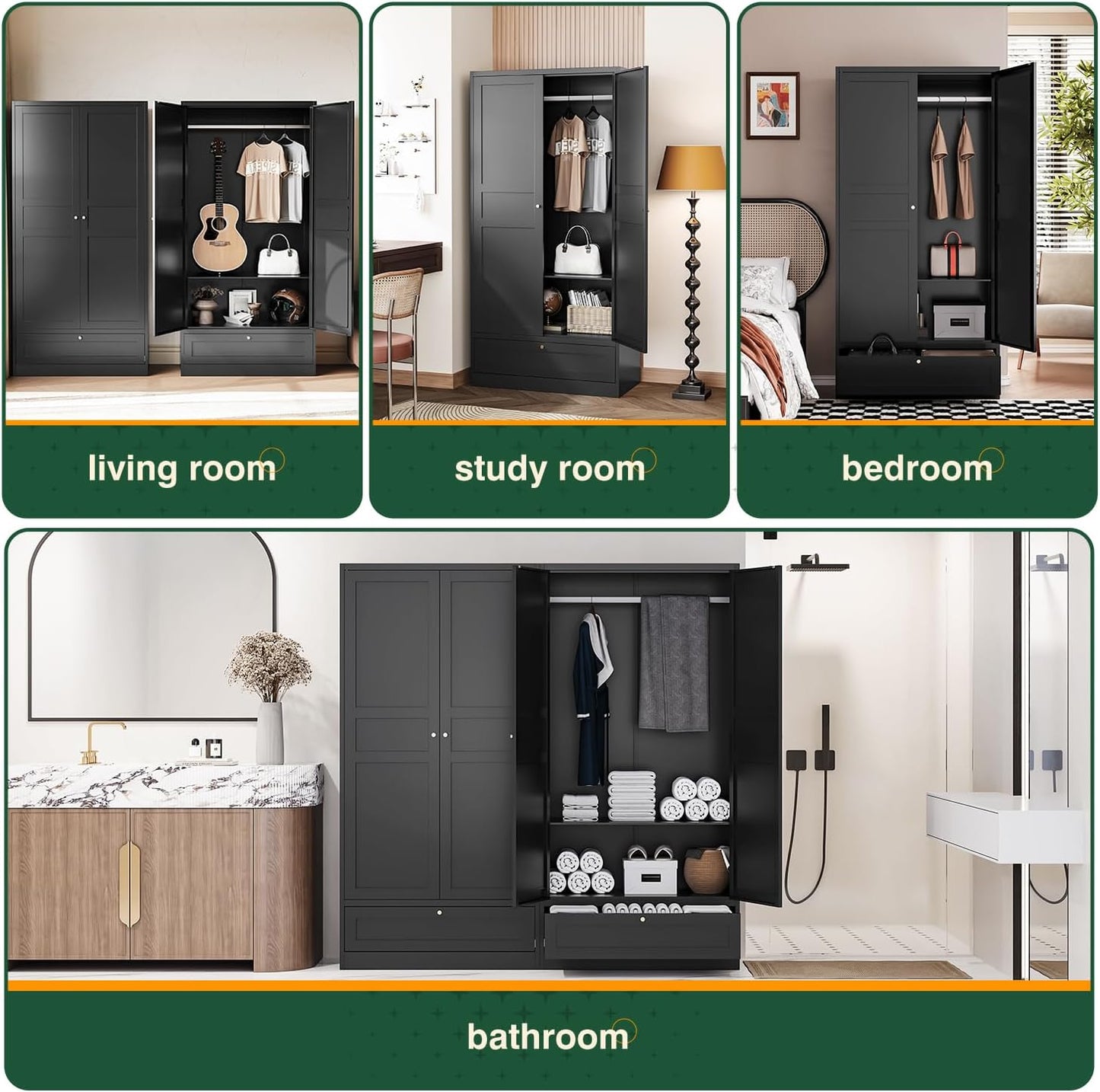 Letaya Wardrobe Closet,72" H Clothing Metal Storage Cabinet with Storage Drawer Adjustable Shelves and Hanging Rod,Bedroom Armoire Cabinet Clothes Organizer (Black)