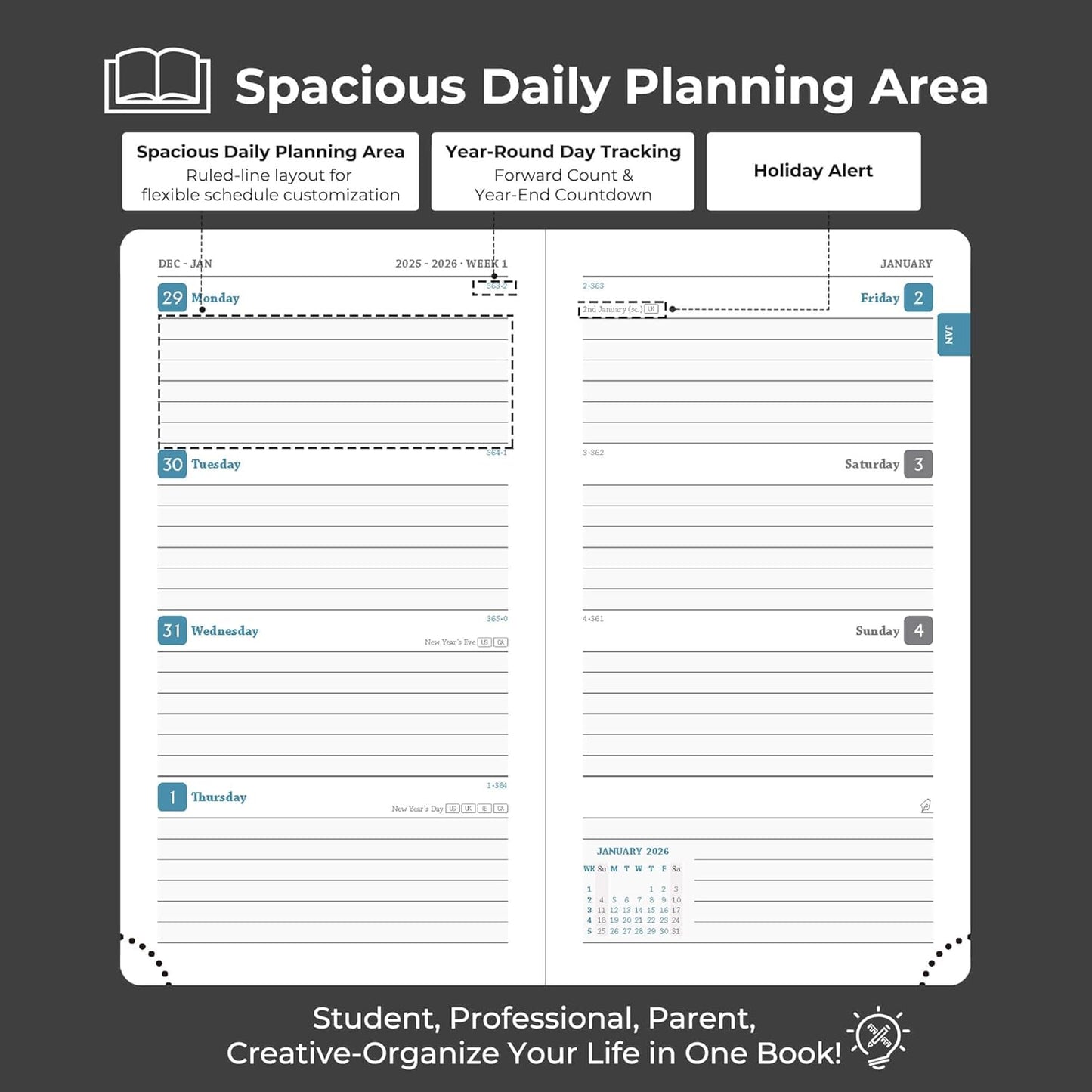 Planner 2026 Daily Weekly and Monthly,6.5"x3.75",12 Months Spiral Bound Calendar Agenda with Self-adhesive Pen Holder,2026 Appointment Book with Vegan Leather Soft Cover,Black