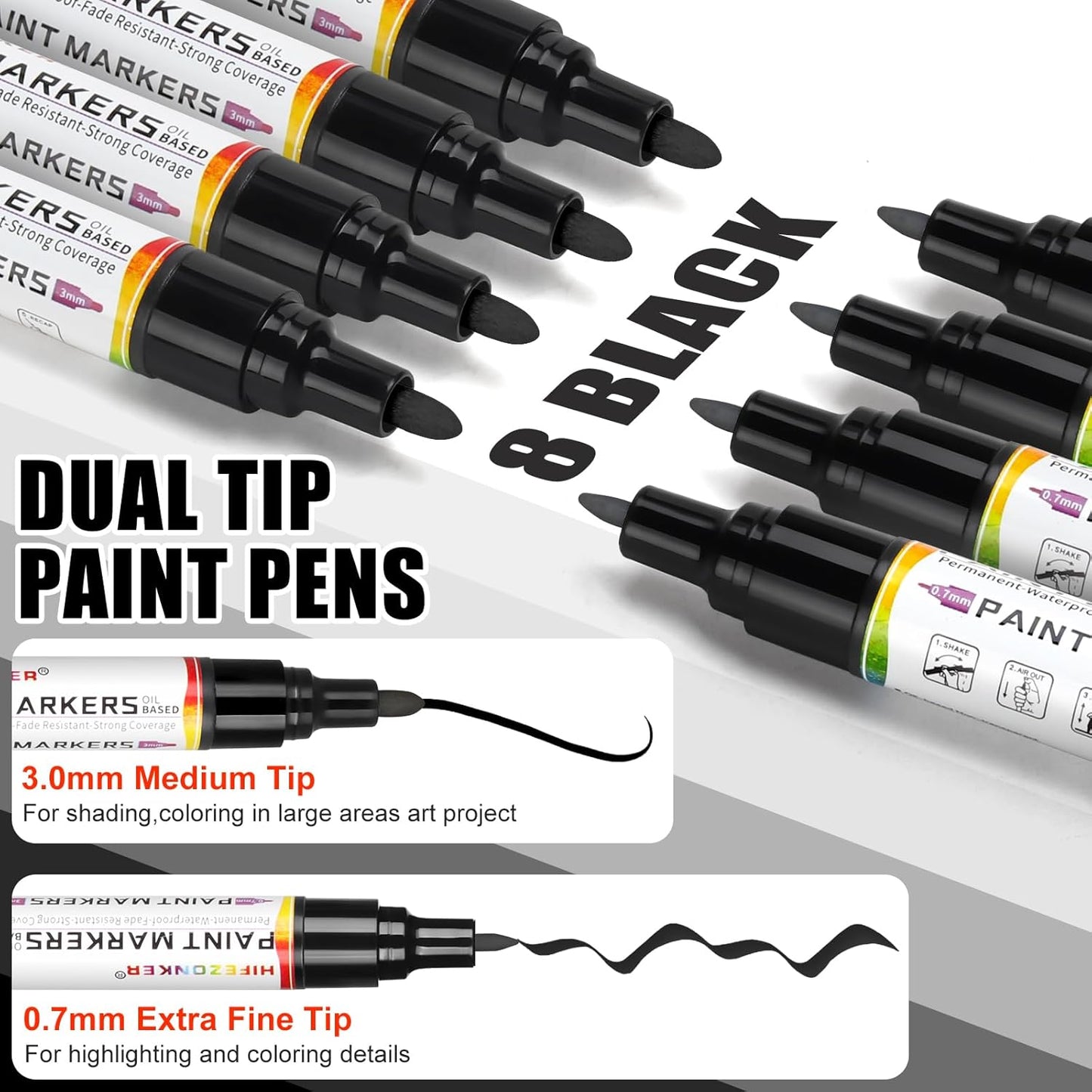 Black Paint Pen Paint Marker - 8 Pack Dual Tip Oil Based Permanent Markers, Extra Fine Tip & Medium Fine Tip (0.7mm & 3mm), Quick Drying, Waterproof, Marker Pen for Fabric (8 Black)