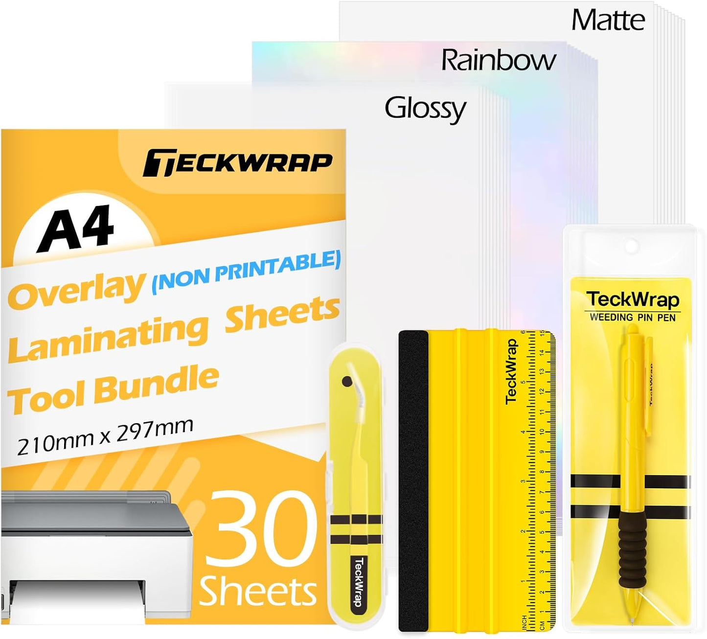 TECKWRAP Laminating Sheets Sticker Paper Laminate Sheets for Photo Paper Inkjet Printable Vinyl Squeegee Tools A4 30PCS Clear Overlay Transfer Paper, Matte Lamination Sheets, Holographic Stickers