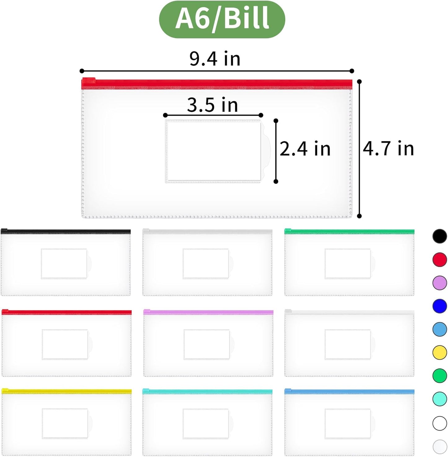 JARLINK 20 Pcs Poly Zip Envelope, A6 Size (9 x 4.7in) Plastic Zipper Pouches with Label Pocket, 10 Colors, Reusable Clear Pencil Bags for School and Office Supplies
