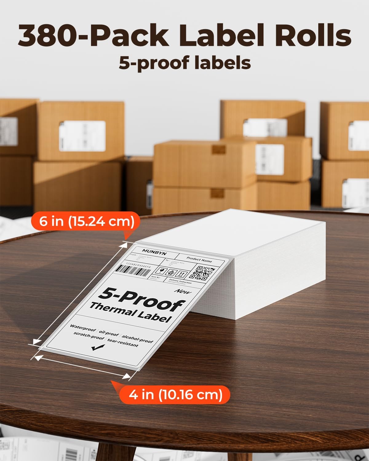 MUNBYN 4"x6" Direct Thermal Shipping Labels, Durable Waterproof, Oil-Proof, Scratch-Proof, Alcohol-Resistant, Tear-Resistant Label Paper for Thermal Printers, Packages, 380 Sheets/Fanfold