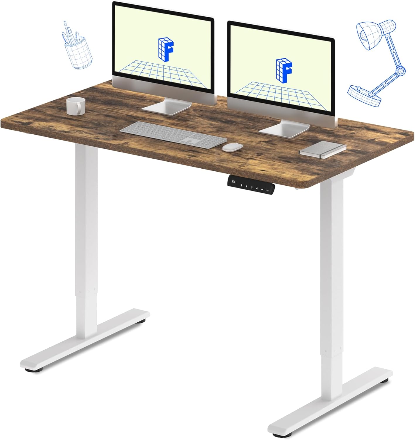 FLEXISPOT E3 Dual Motor Electric Standing Desk 55x28 Inch Whole-Piece Board Height Adjustable Electric Sit Stand Desk (White Frame + Special Walnut Desktop, 2 Packages)