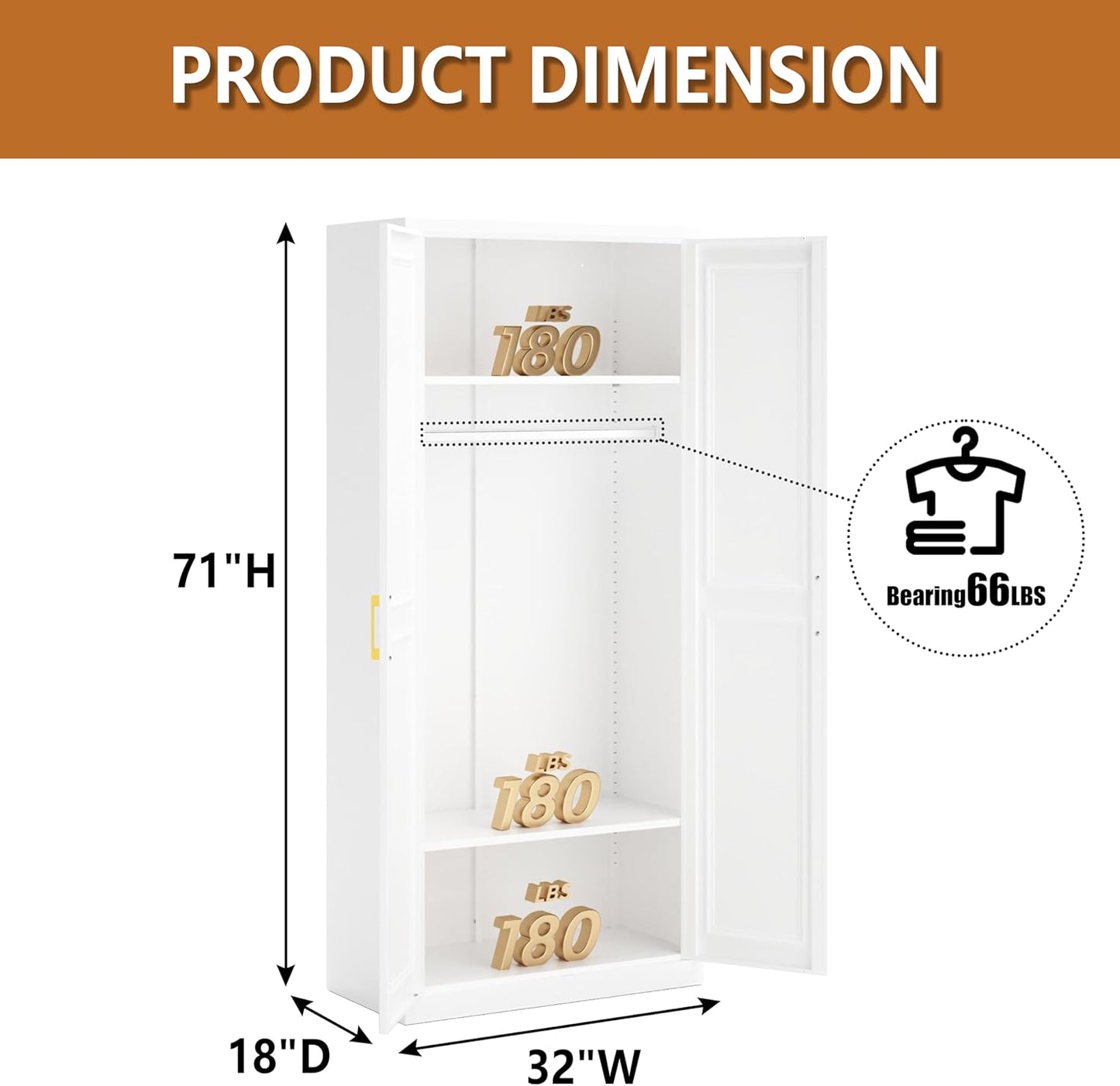 Metal Armoire Wardrobe Closet with Doors and Shelves, 71" Tall Freestanding Wardrobe Cabinet for Hanging Clothes, Large Closet with Hanging Rod for Bedroom, White, Assemble Required