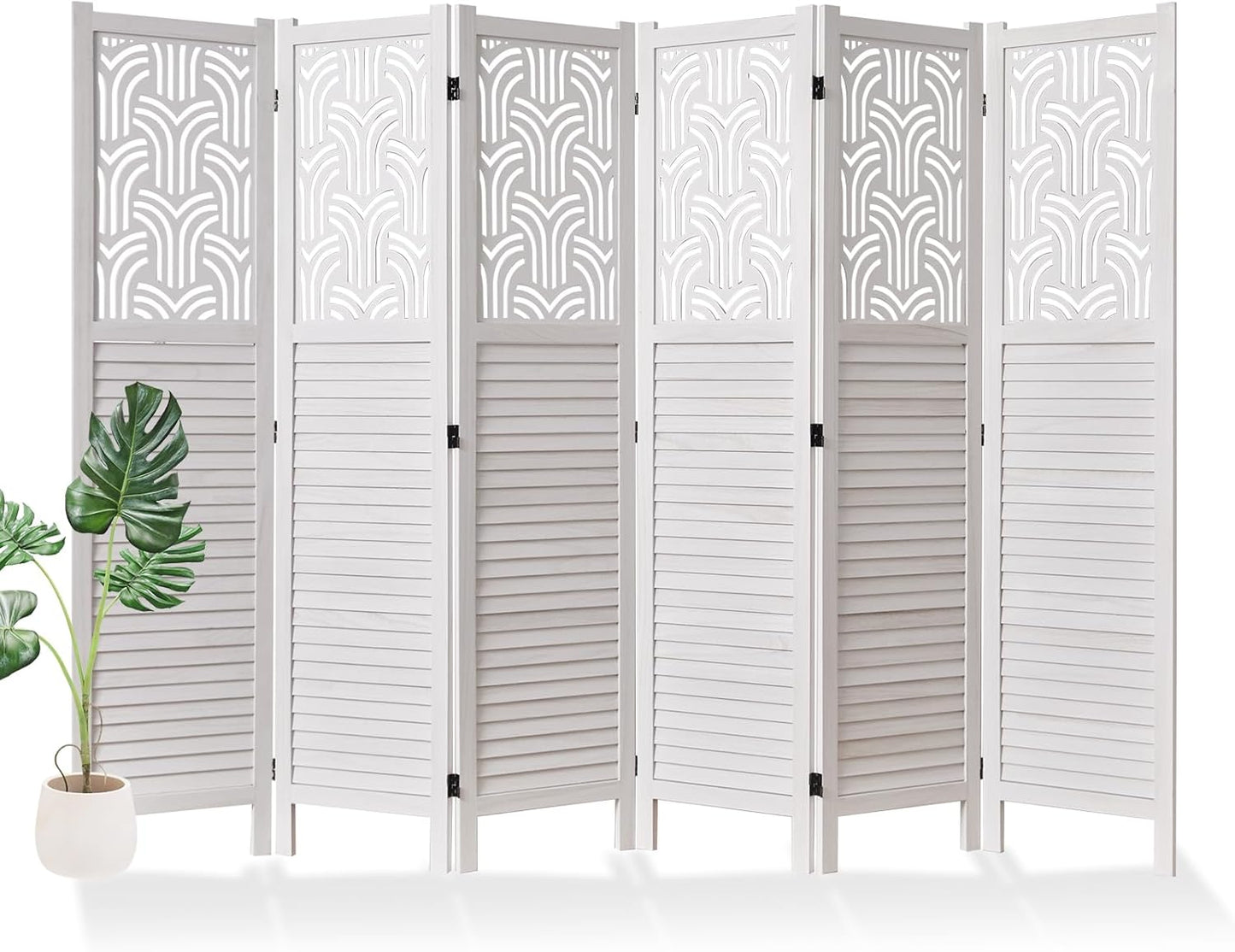 Folding Room Divider, 66.9 Inch 6 Panels Wood Carved Privacy Screens, Free Assembled Freestanding Portable Separation Wall for Home Office Restaurant Bedroom (White)