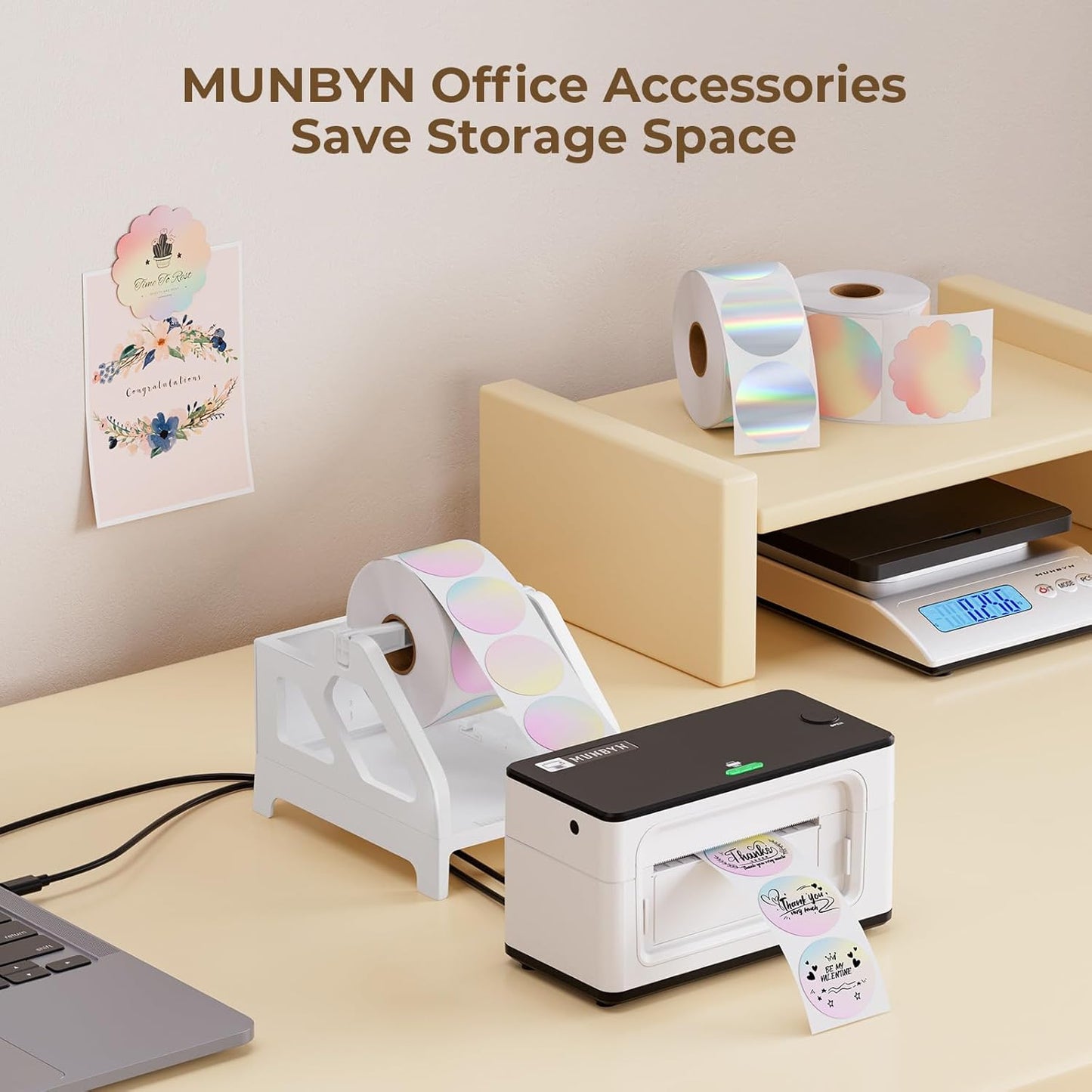 MUNBYN Label Holder for Rolls and Fan-Fold Labels, Thermal Sticker Roll Holder for Desktop Thermal Printer Shipping Supplies Industrial Paper, White