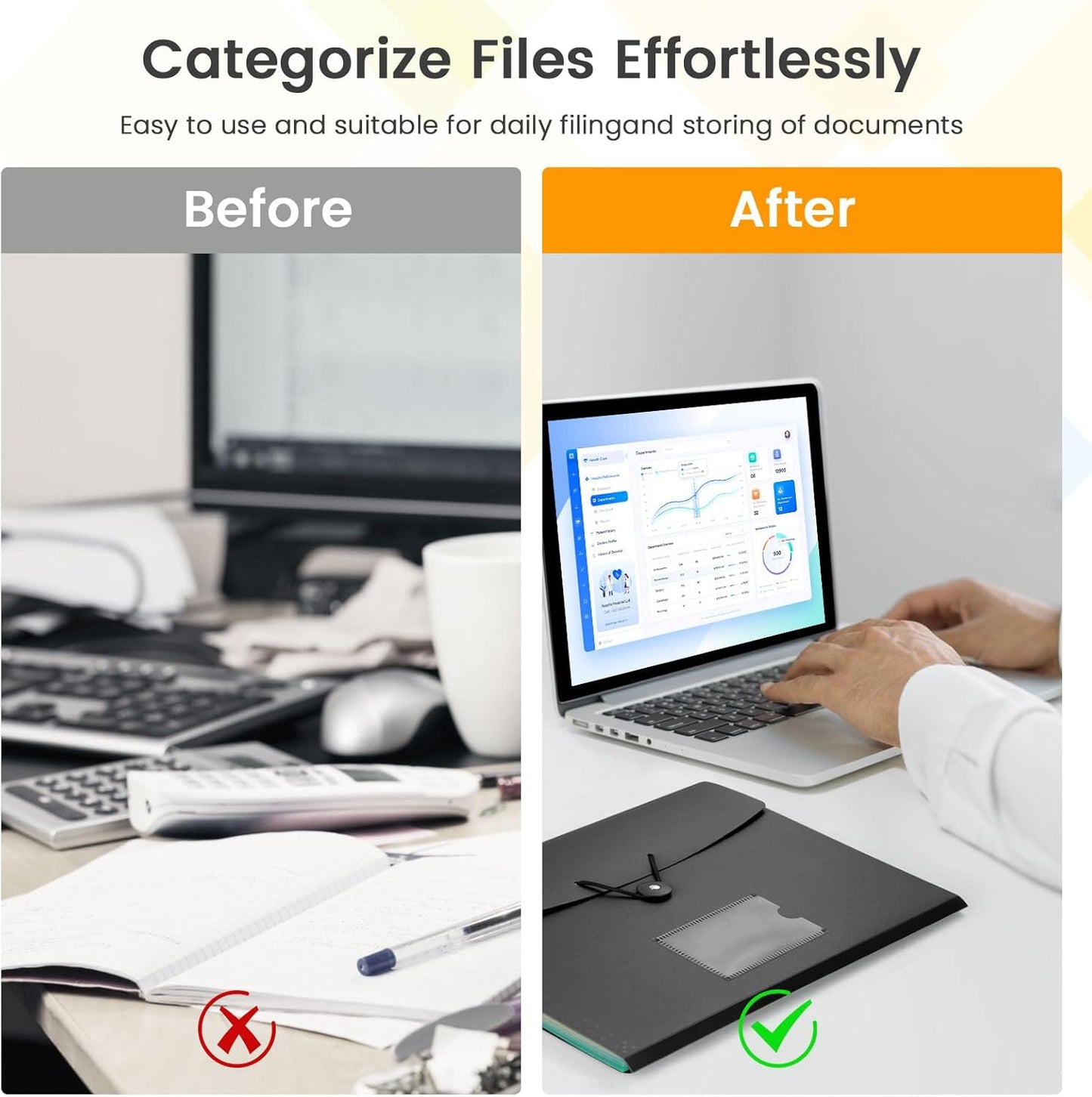 Accordion File Organizer, 7 Pockets Expanding File Folder with Labels, A4/Letter Size Portable Folders for Documents, Paper Organizer for School Office Supplies, Black