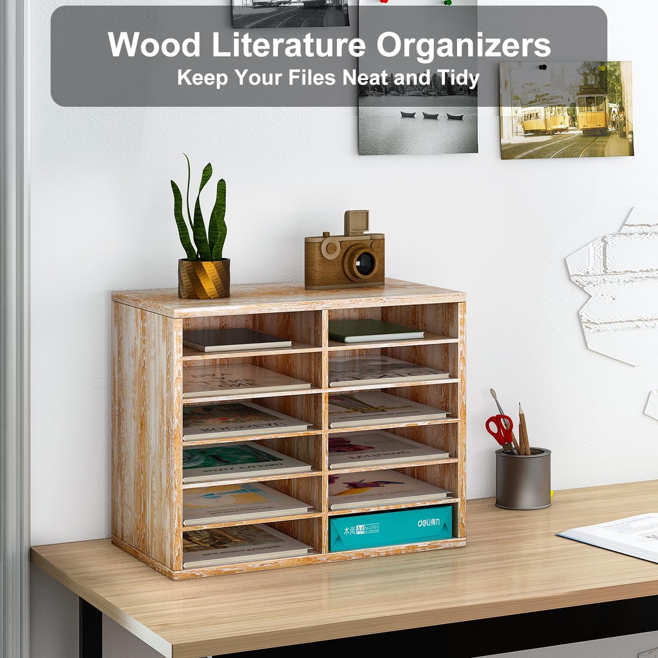 PAG Countertop Mail Sorter Organizer, Wooden Literature Organizer, Student Mailbox for Classroom, Desktop Bill Organizer for Office Home School, 12 Compartments, Retro White