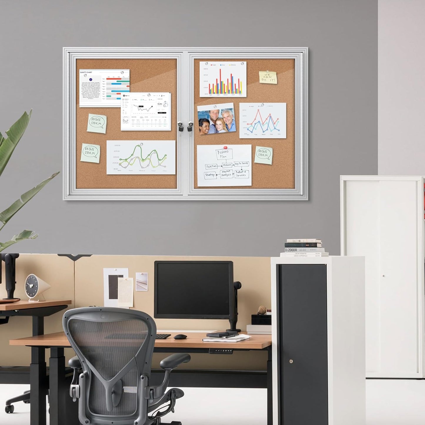 48"x30" Enclosed Bulletin Board, Outdoor Lockable Weather-Resistant Aluminum Cork Noticeboard for School & Office, Silver Frame w/Cork