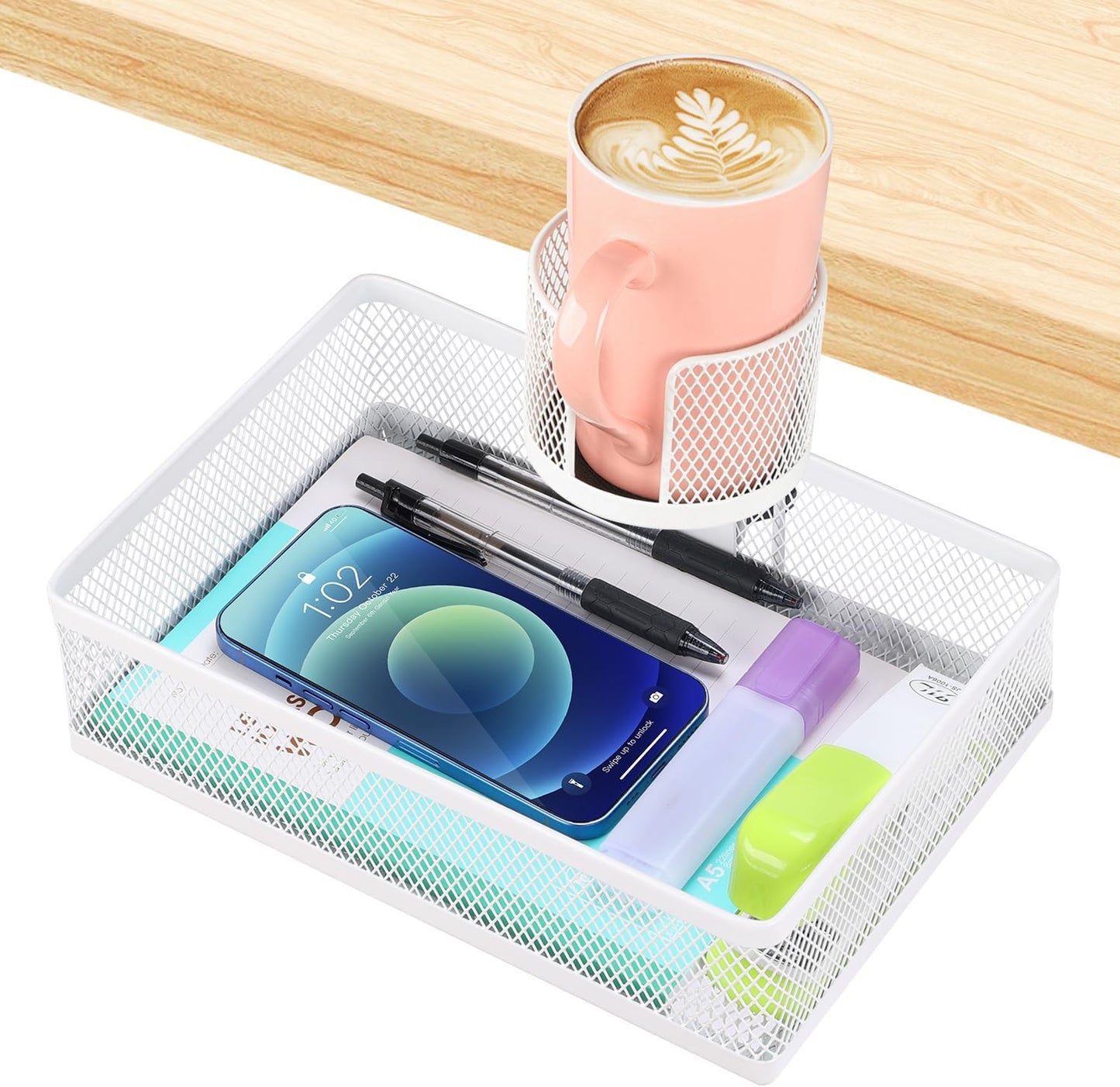 ROSYLINE 360°rotation under desk drawer, Drawer Under Desk Storage Organizer, Rotary Desk Storage Organizer with Cup Holder, Under Desk Storage, Clamp Drawer Basket, sturdy and durable (White)