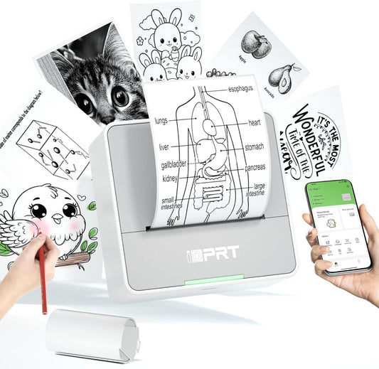 iDPRT Mini Printer with 1 Roll Sticker Paper, Portable Sticker Maker Machine Efficiently and Quickly, Thermal Printer for Study Notes, Pictures, DIY, Label, Free App with Multiple Templates, Gray