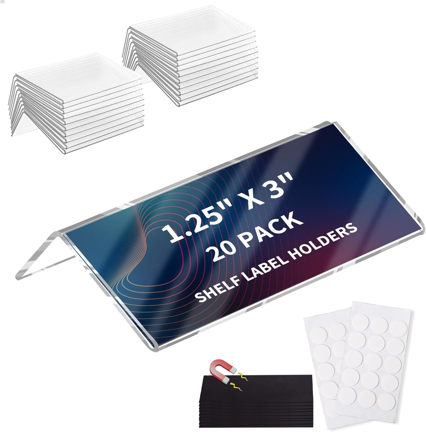 Acrylic Rigid Label Holders 1.25x3 inch 20 Pack for School Library Book Shelves Tags Office Warehouse Metal Shelf Labels with Magnetic Strip and Self-Adhesive Dots, Transparent Tabletop Price Sign