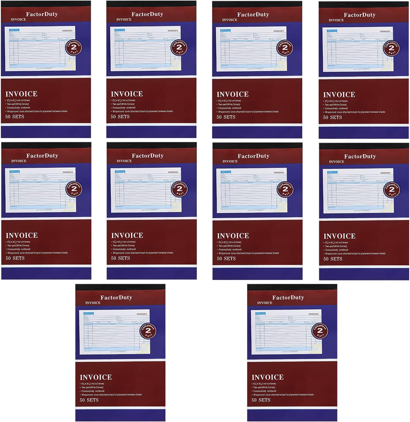 10 Pack Large Sales Order Book Receipt Invoice Duplicate Carbonless 50 Sets 5.5" X 8"5 (10 pck Horizontal)