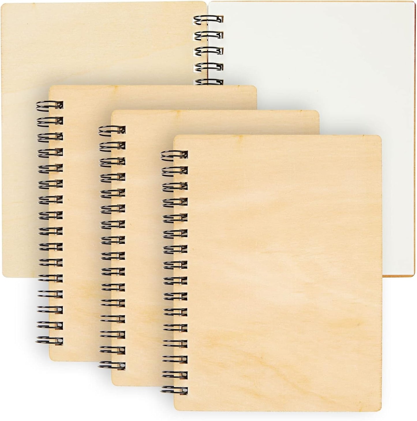 Juvale Wood-Cover Notebooks for Work - 4-Pack, 4.5 x 5.8 In, Rustic Spiral-Bound - Blank Wood Journal & Laser Engraving-Ready